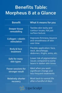 How Often Can I have Morpheus 8? 3 Table showing the benefits of Morpheus 8 treatment from Lipo Sculpt Dorchester